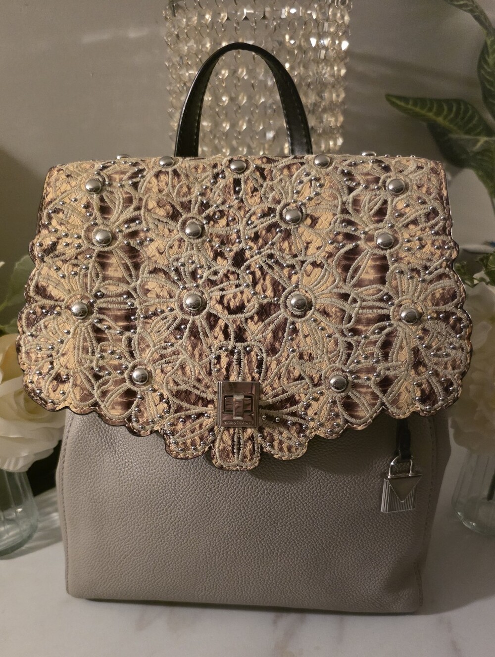 Michael Kors  Backpack with Embroidered Lace Flap  Over Leather and Studs